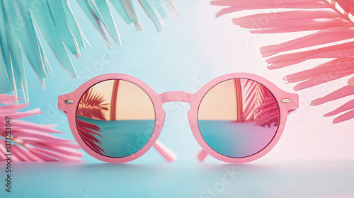 Pink Sunglasses with Tropical Pastel Leaves and Beach Reflection