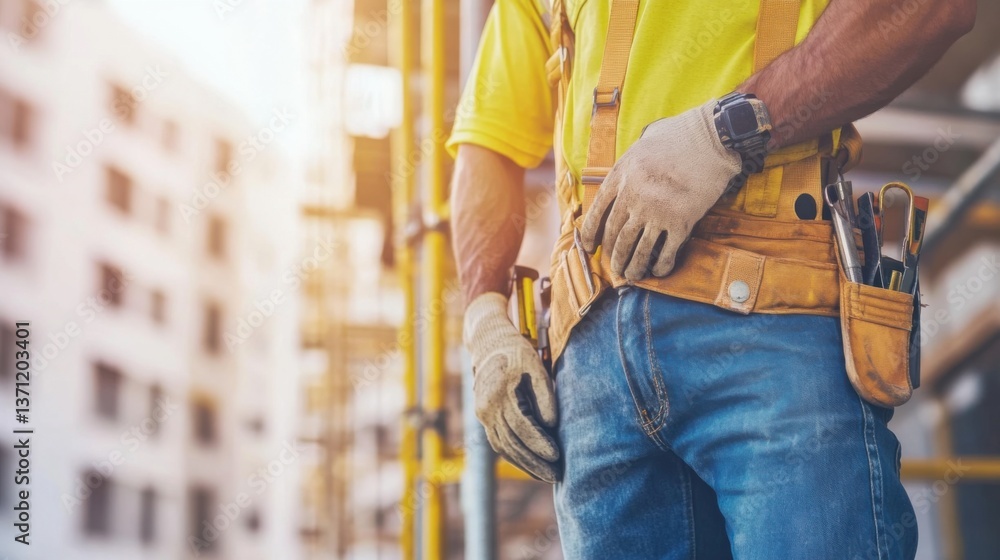 A construction worker adjusting scaffolding on-site. Featuring attention to detail and safety A construction worker adjusting scaffolding on-site. Featuring attention to detail and safety