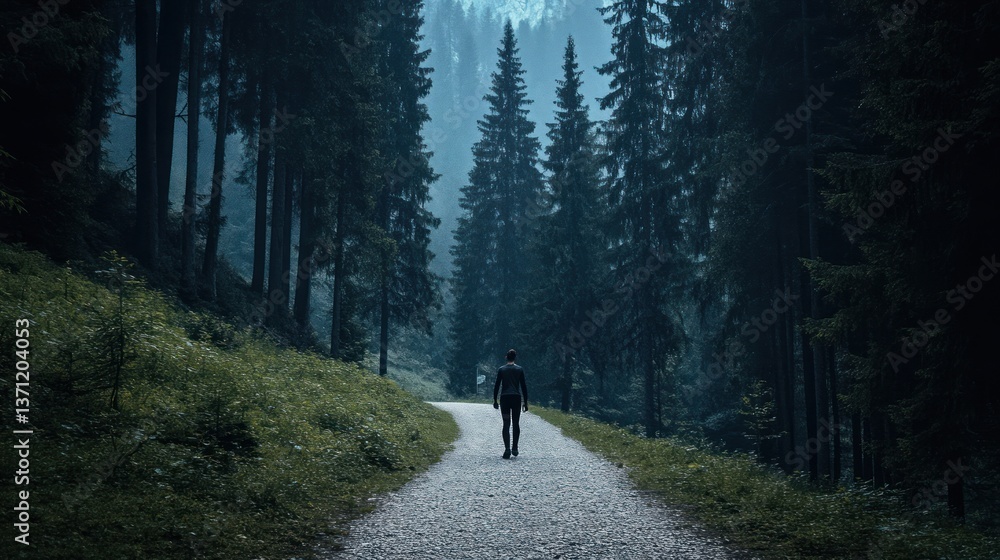Solitary Figure Walking on a Forest Path Amidst Tall Trees and Misty Atmosphere Solitary Figure Walking on a Forest Path Amidst Tall Trees and Misty Atmosphere