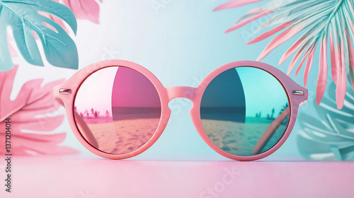 Pink Sunglasses with Tropical Pastel Leaves and Beach Reflection