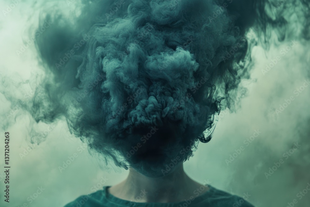 mysterious figure with smoky cloud engulfing head. concept of grief inner turmoil. abstract art symbolizing depression and anxiety. therapy, mental health awareness. mysterious figure with smoky cloud engulfing head. concept of grief inner turmoil. abstract art symbolizing depression and anxiety. therapy, mental health awareness.