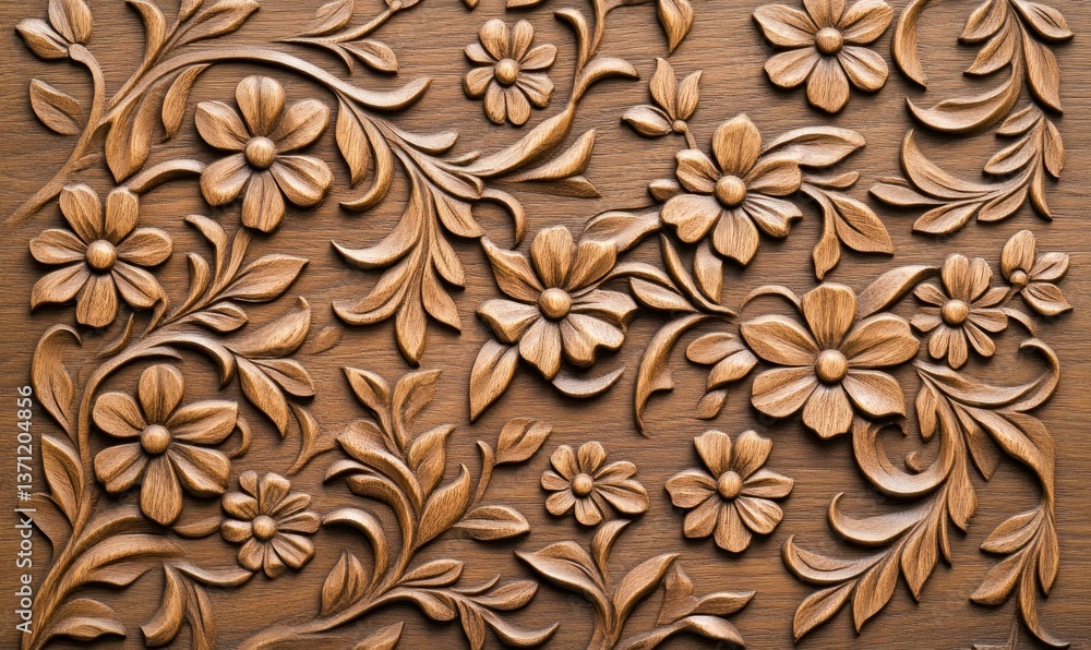 Magnificent wood carving with flowers and leaves showcasing intricate detail and craftsmanship. Magnificent wood carving with flowers and leaves showcasing intricate detail and craftsmanship.