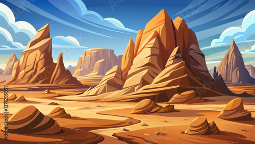 Wind Shaped Rock formations in a rocky desert landscape illustration