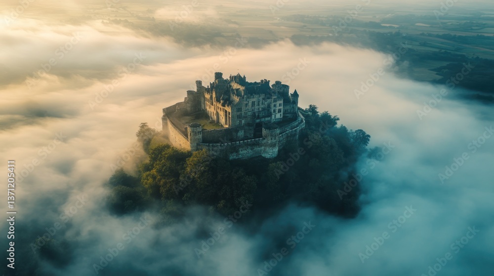 Fototapeta premium Majestic fortress emerges from swirling fog in atmospheric aerial landscape