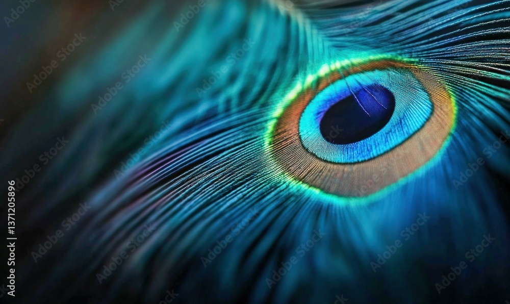 Fototapeta premium A mesmerizing close-up of a peacock feather reveals its vivid colors and stunning details.