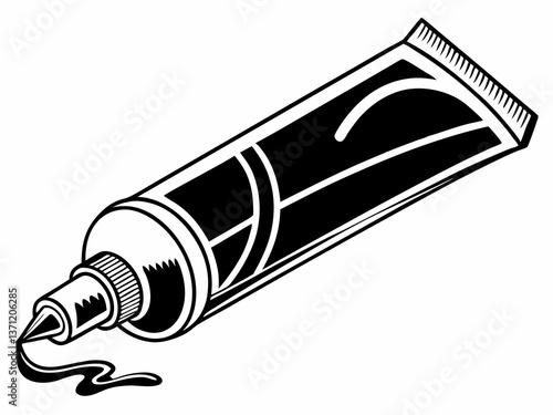 Vector silhouette of a long art paint tube with twisted nozzle and ink trail for creative product illustration

