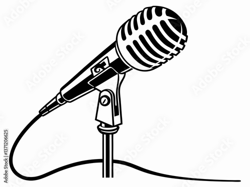 Professional microphone silhouette vector illustration with cord and shock mount for stage sound use

