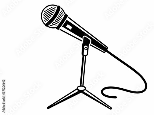 Wired microphone silhouette vector on tripod stand for live sound, singing, and vocal performance concept

