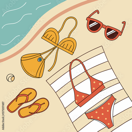 Stylish beachwear with bikinis, sunglasses, and sandals