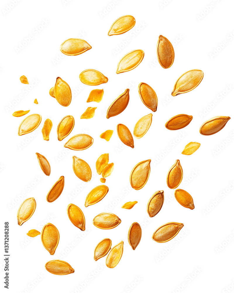 Golden Pumpkin Seeds Falling on Transparent Background, PNG Golden Pumpkin Seeds Falling on Transparent Background, PNG