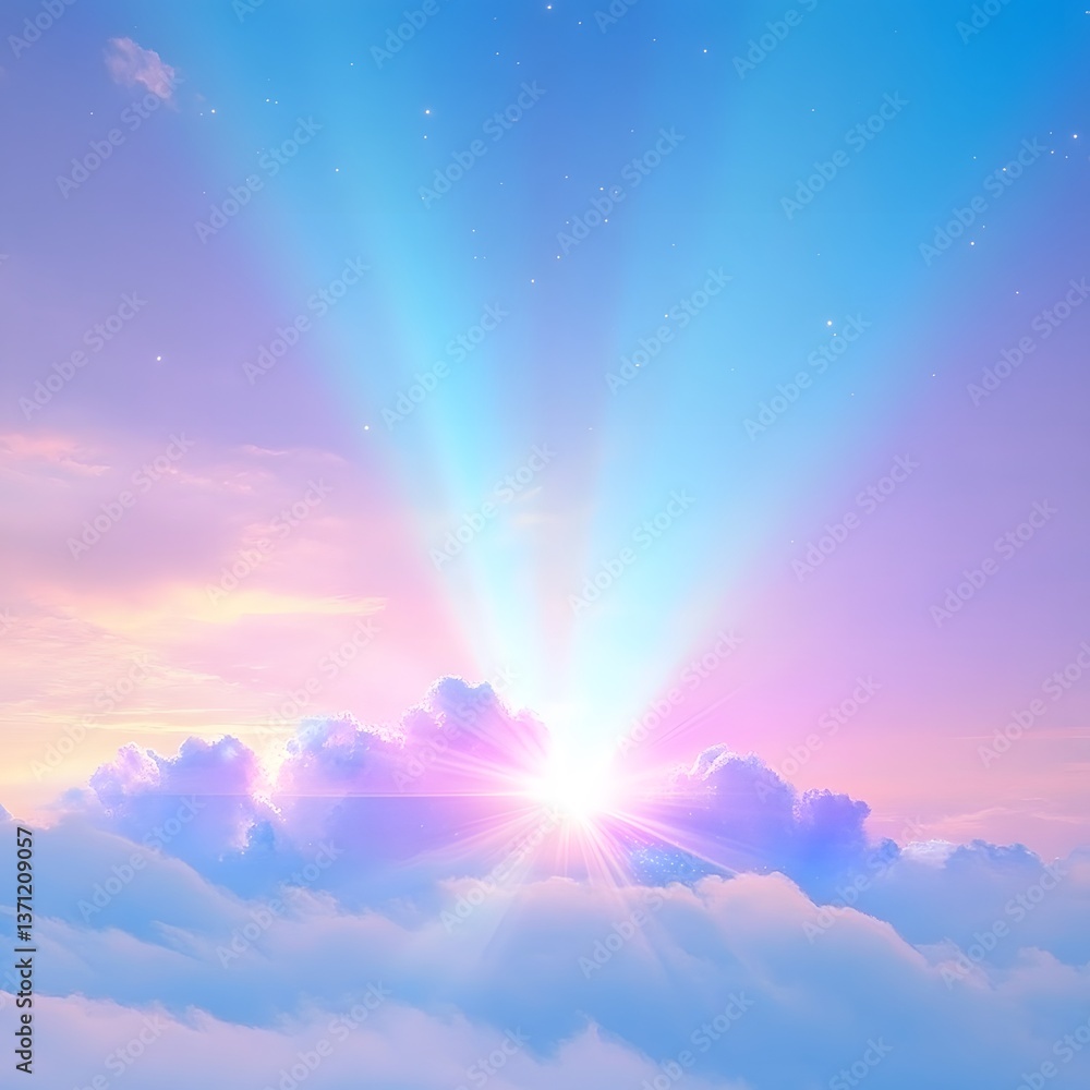 Heavenly Pastel Sunrise: Dreamy Cloudscape with Celestial Rays Heavenly Pastel Sunrise: Dreamy Cloudscape with Celestial Rays