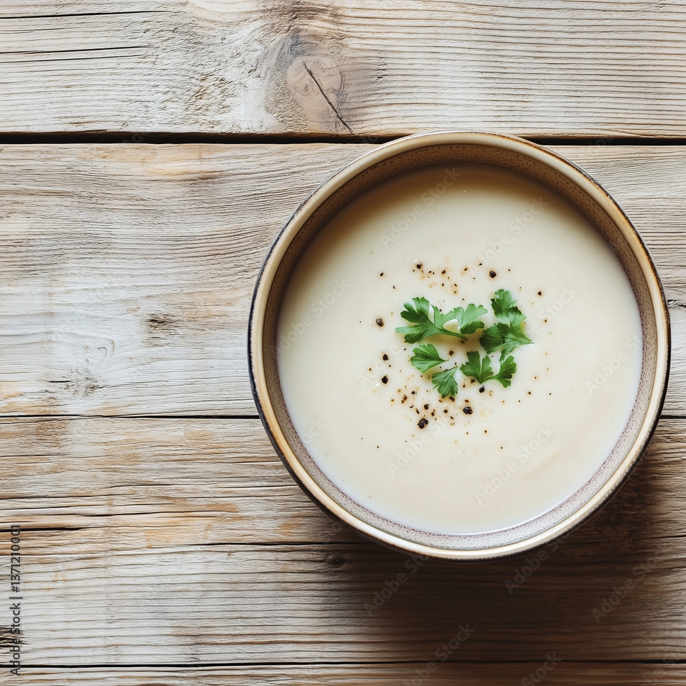 Cauliflower Cream Soup with Parsley on Wooden Rustic Background Cauliflower Cream Soup with Parsley on Wooden Rustic Background