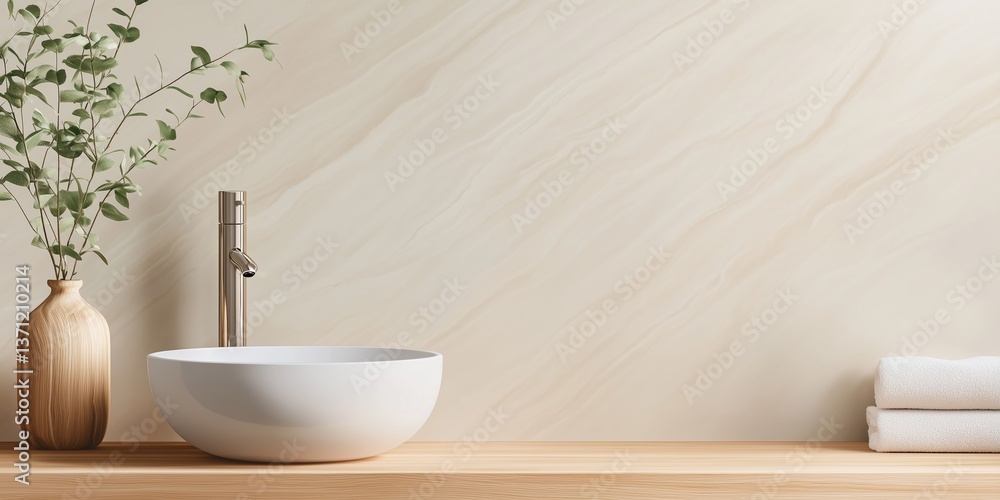Fototapeta premium A white sink with a vase of green leaves next to it. The sink is in a bathroom with a wooden counter