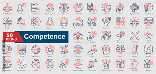 A collection set of colored outline Competence icons. Includes expertise, proficiency, leadership, problem solving, training, and more. Perfect for illustration and design.