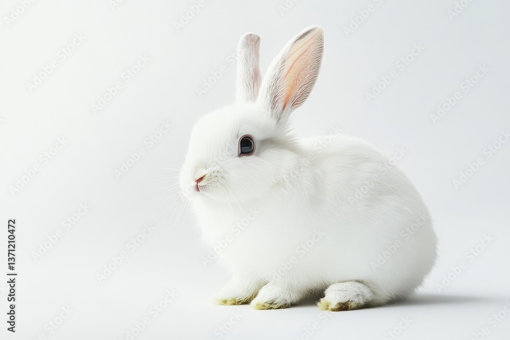A fluffy white rabbit sitting on a white surface looking forward A fluffy white rabbit sitting on a white surface looking forward