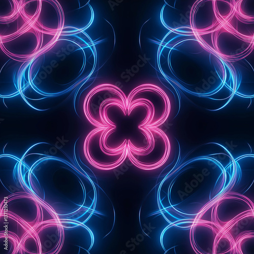 Pink and blue neon lights creating a flower shape on black background