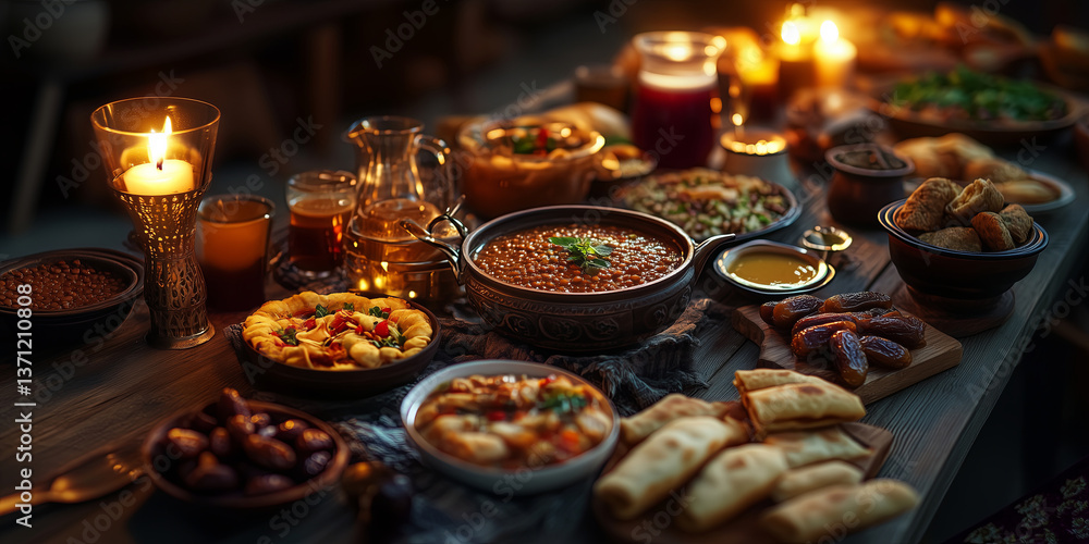 Iftar meal on a wooden table, traditional Middle Eastern dishes like dates, lentil soup, samosas, fresh bread, tea, and juice, warm candlelight, cozy family atmosphere, Ramadan celebration Iftar meal on a wooden table, traditional Middle Eastern dishes like dates, lentil soup, samosas, fresh bread, tea, and juice, warm candlelight, cozy family atmosphere, Ramadan celebration