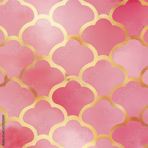 Pink and gold quatrefoil moroccan seamless pattern background