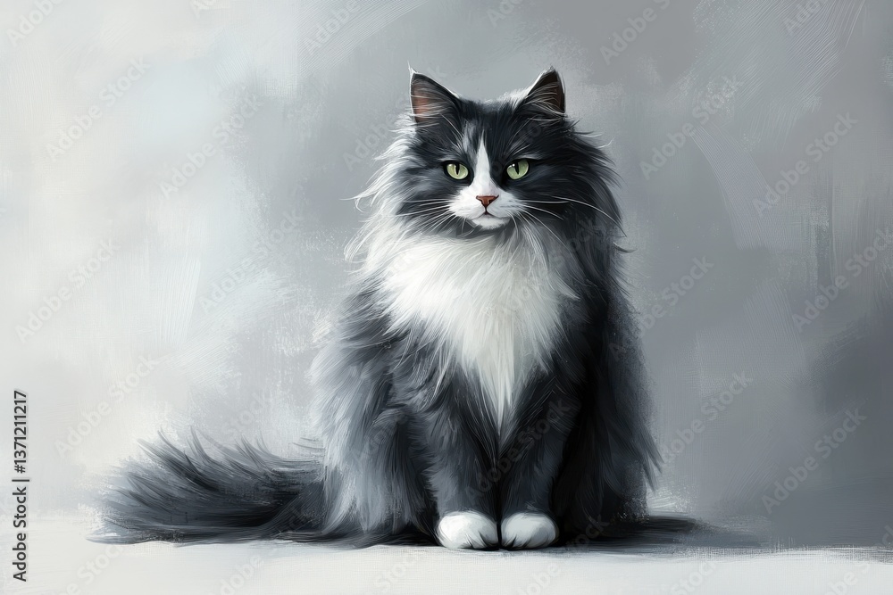 Fototapeta premium Portrait of a fluffy black and white cat sitting and looking ahead
