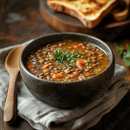 Homemade Lentil Soup with Carrots and Herbs in Rustic Bowl