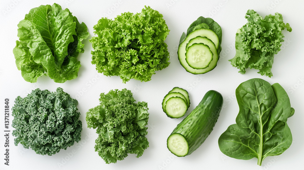 グリーンジュース用素材として並ぶレタスと緑野菜の健康ビジュアル グリーンジュース用素材として並ぶレタスと緑野菜の健康ビジュアル
