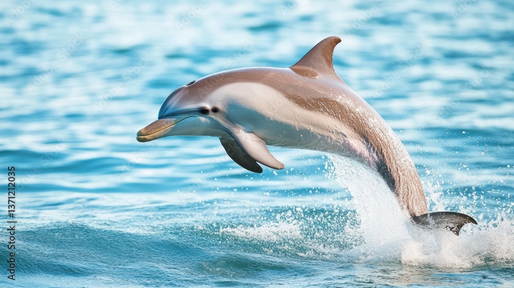 Fototapeta premium A playful dolphin leaping gracefully out of the water. Ocean waves surround the energetic marine mammal. Stunning wildlife scene.