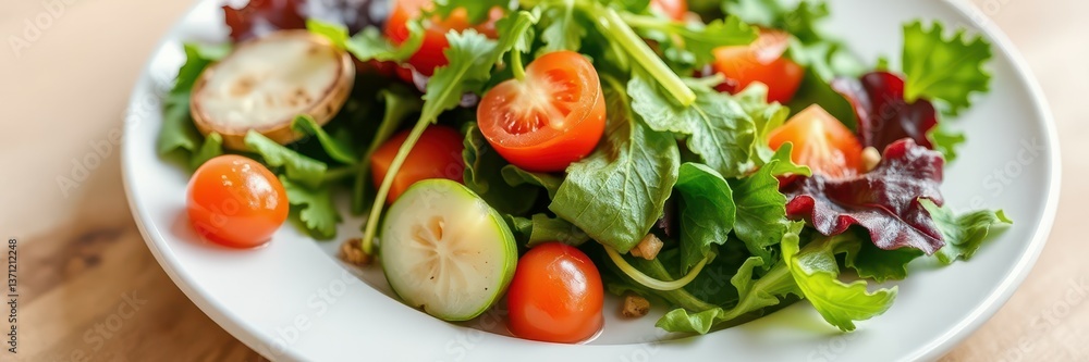 Fresh garden salad with cherry tomatoes, cucumbers, and mixed greens served on a white plate at a rustic table setting Fresh garden salad with cherry tomatoes, cucumbers, and mixed greens served on a white plate at a rustic table setting