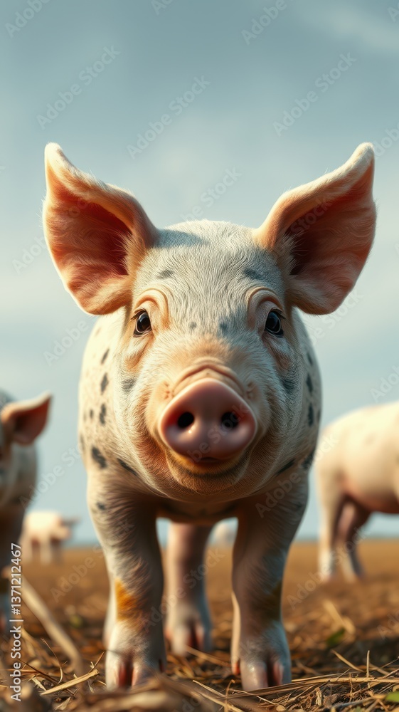 A spotted piglet looks directly at the camera with a curious expression in a field of hay A spotted piglet looks directly at the camera with a curious expression in a field of hay
