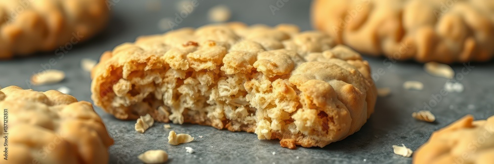 Cookies with oats and a bite taken out sit on a gray surface with crumbs scattered around them Cookies with oats and a bite taken out sit on a gray surface with crumbs scattered around them