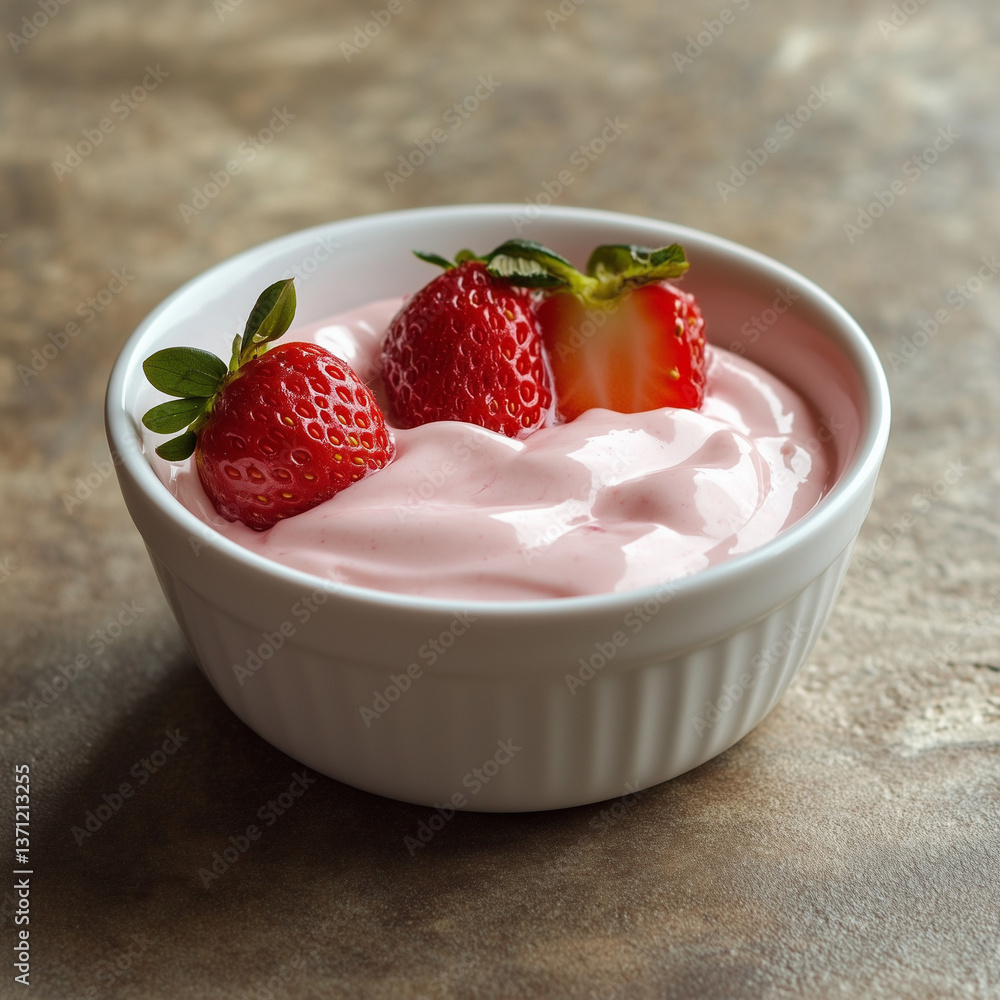 Strawberry Yogurt in White Bowl with Whole Berries Strawberry Yogurt in White Bowl with Whole Berries
