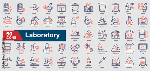 A collection set of colored outline Laboratory icons. Includes microscope, beaker, scientist, experiment, research, and more. Perfect for illustration and design.