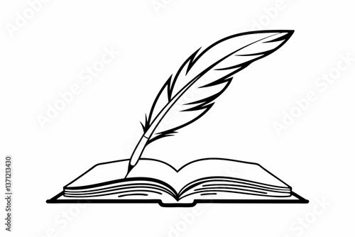 A creative black silhouette vector icon of a quill pen poised over an open book, lines sharp and flowing, crafted into a minimalist writing logo