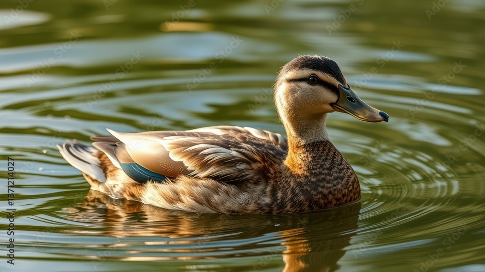 Duck swimming gracefully in a serene pond surrounded by soft ripples during golden hour Duck swimming gracefully in a serene pond surrounded by soft ripples during golden hour
