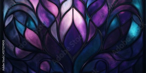 Stained glass window showing abstract floral pattern in purple and blue