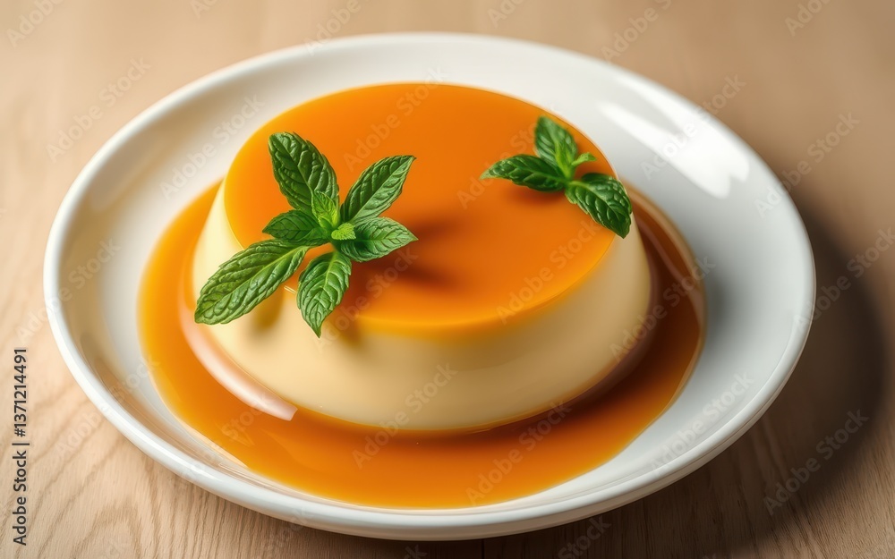 A creamy flan with caramel sauce and mint garnish sits on a white plate A creamy flan with caramel sauce and mint garnish sits on a white plate