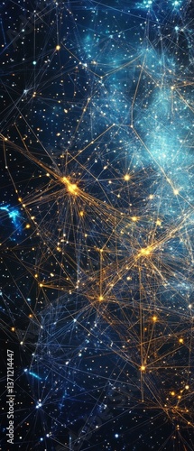 Interconnected glowing network with sparkling light points.