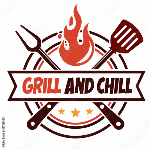 Grill and Chill BBQ Logo Design with Fire, Fork, and Spatula