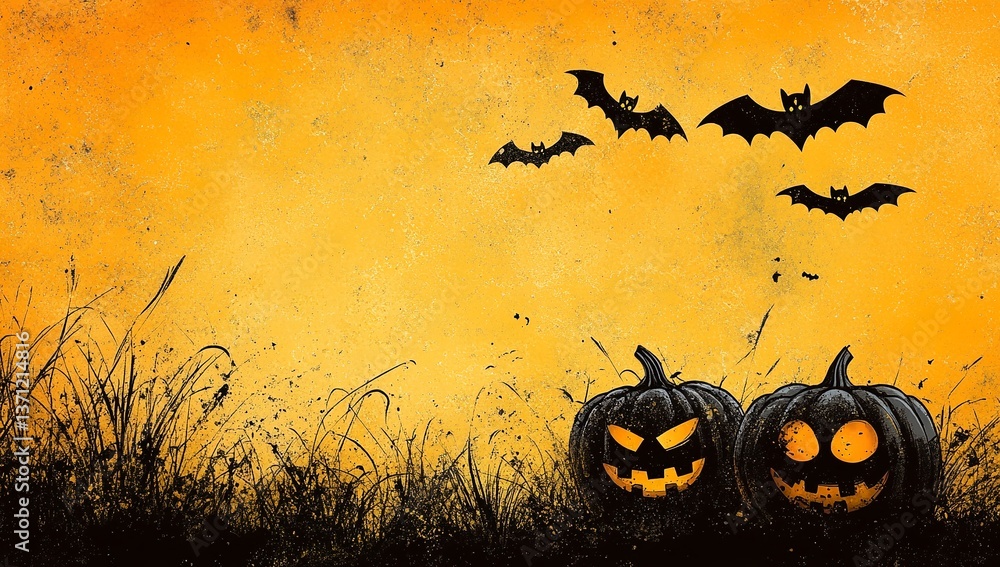 Spooky Halloween scene with jack-o'-lanterns and bats against a textured orange background. Spooky Halloween scene with jack-o'-lanterns and bats against a textured orange background.
