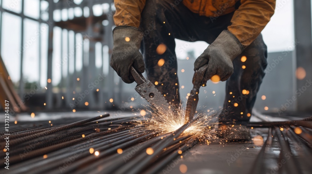 A construction worker cutting rebar with a bolt cutter. Featuring strength and precision A construction worker cutting rebar with a bolt cutter. Featuring strength and precision