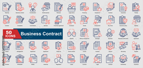 A collection of line color Business Contract icons. Includes agreement, negotiation, legal, invoice, franchise, and more. Perfect for illustrations and designs.
