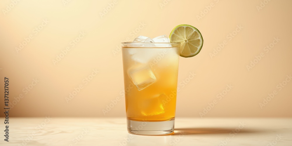 Refreshing iced beverage garnished with lime slices served in a clear glass against a warm backdrop Refreshing iced beverage garnished with lime slices served in a clear glass against a warm backdrop