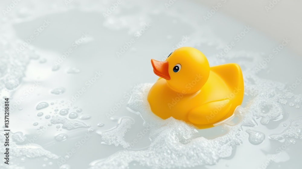 Cute yellow rubber duck floating in a bubbly bath surrounded by soft foam Cute yellow rubber duck floating in a bubbly bath surrounded by soft foam