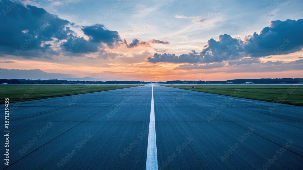 Fototapeta premium An empty airport runway stretching into the distance under a vibrant sunset sky.