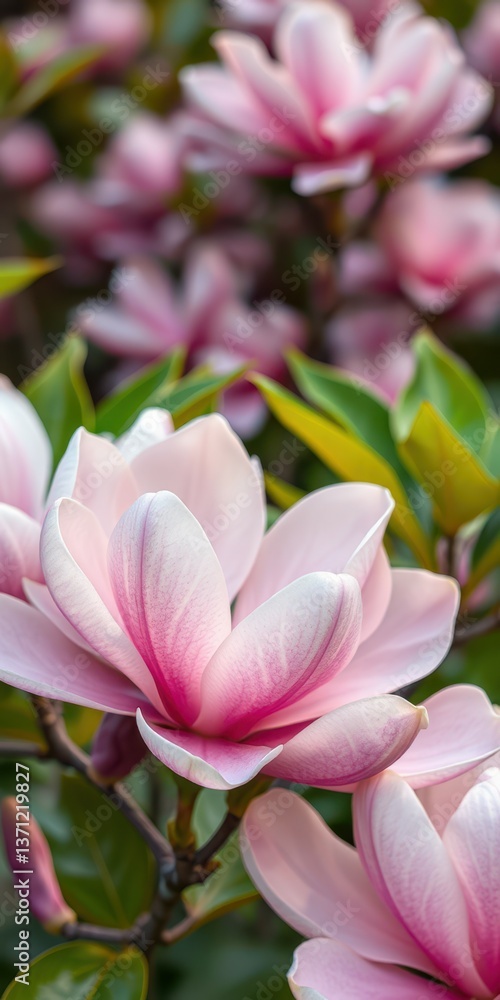 Beautiful magnolia blossoms in full bloom during springtime, showcasing pastel pink petals and vibrant green leaves Beautiful magnolia blossoms in full bloom during springtime, showcasing pastel pink petals and vibrant green leaves