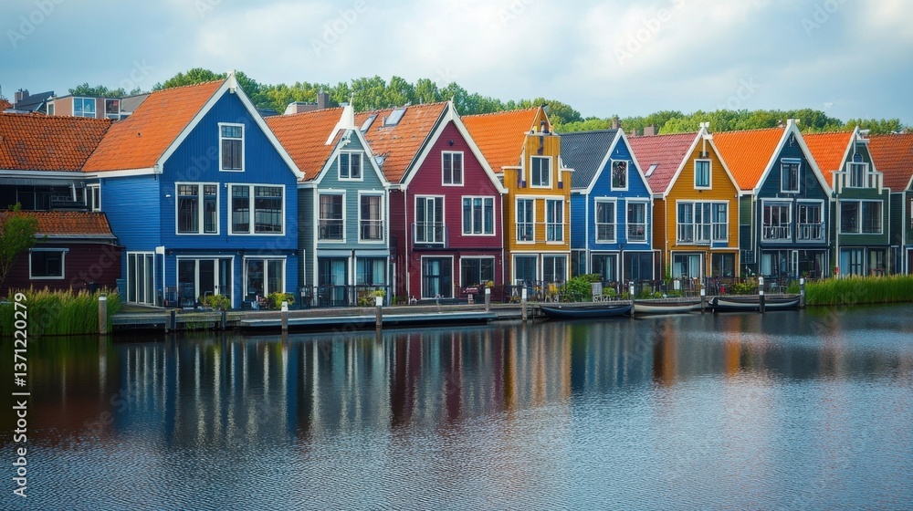 A colorful travel background featuring a row of vibrant houses along a tranquil canal. A colorful travel background featuring a row of vibrant houses along a tranquil canal.