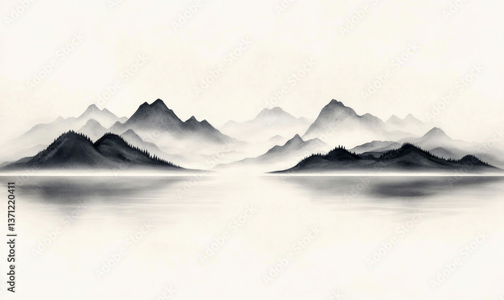 custom made wallpaper toronto digitalA peaceful mountain landscape reflecting on the water under the soft mist offers a calming scene.