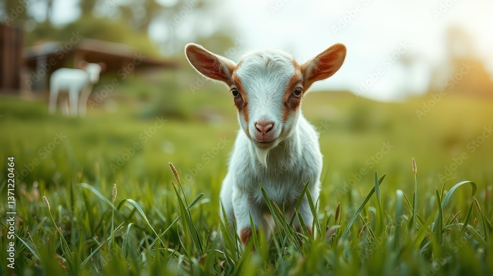 Young goat explores a vibrant green pasture during a warm afternoon under the sunlight Young goat explores a vibrant green pasture during a warm afternoon under the sunlight
