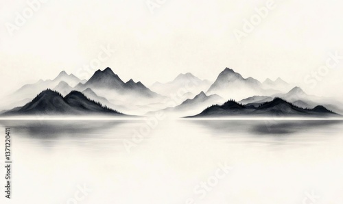 Wallpaper Mural A peaceful mountain landscape reflecting on the water under the soft mist offers a calming scene. Torontodigital.ca