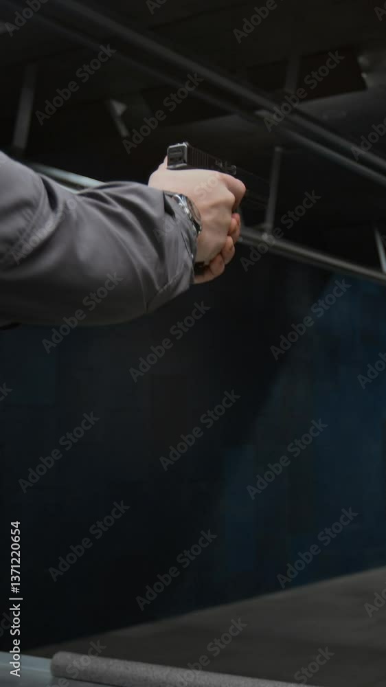 Vertical closeup of hands and face of young man in protective earmuffs loading bullet magazine into handgun, racking, aiming, shooting then retrieving target to check results Vertical closeup of hands and face of young man in protective earmuffs loading bullet magazine into handgun, racking, aiming, shooting then retrieving target to check results