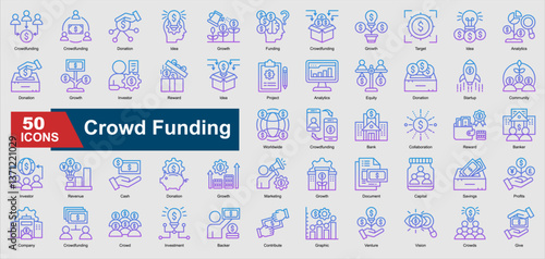 Crowd Funding Icon Collection Set. Donation, Funding, Investor, Revenue, Capital, Savings, cash icon. Line Gradient Style Ilustration